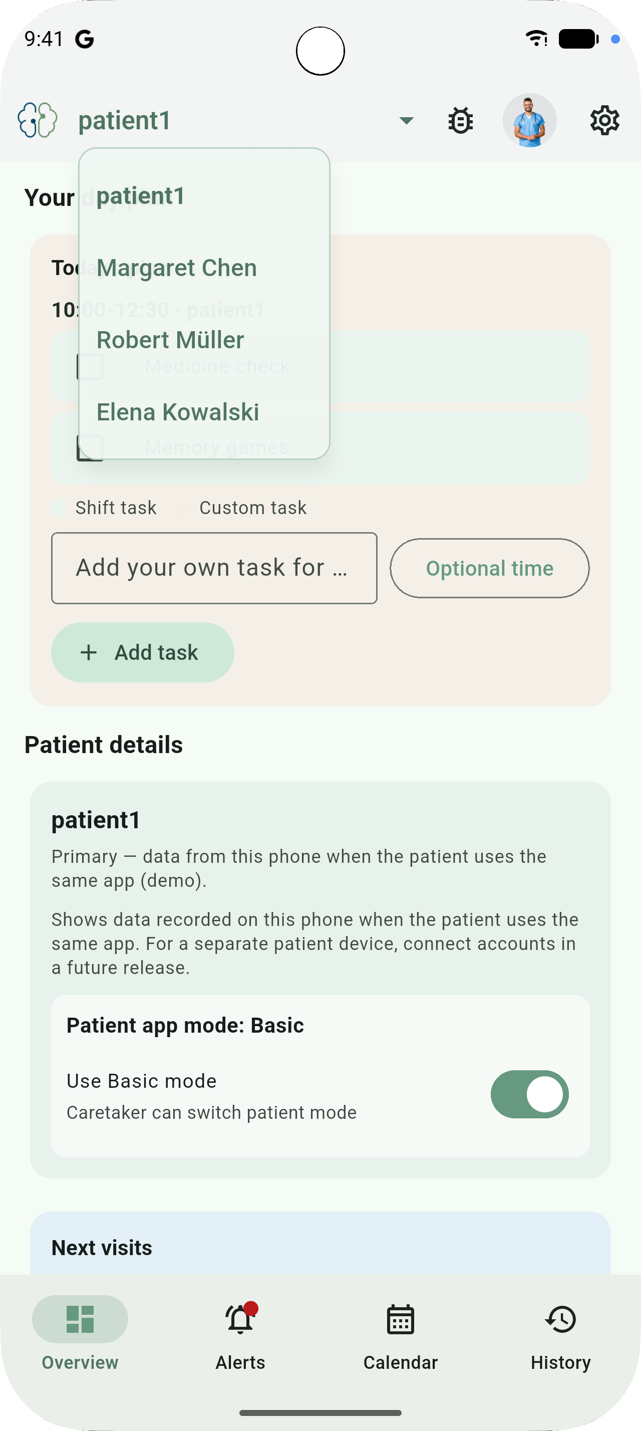 NeuroCura caretaker view with multiple patients