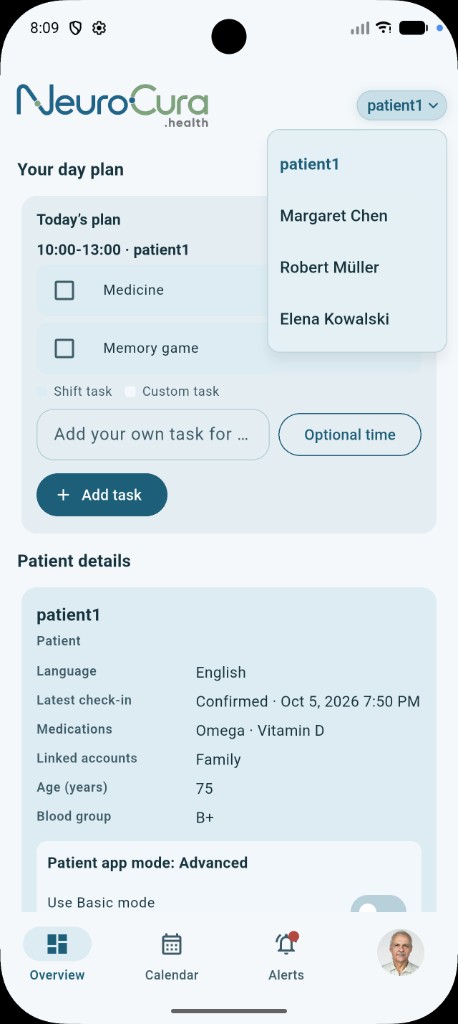 NeuroCura caretaker view with multiple patients