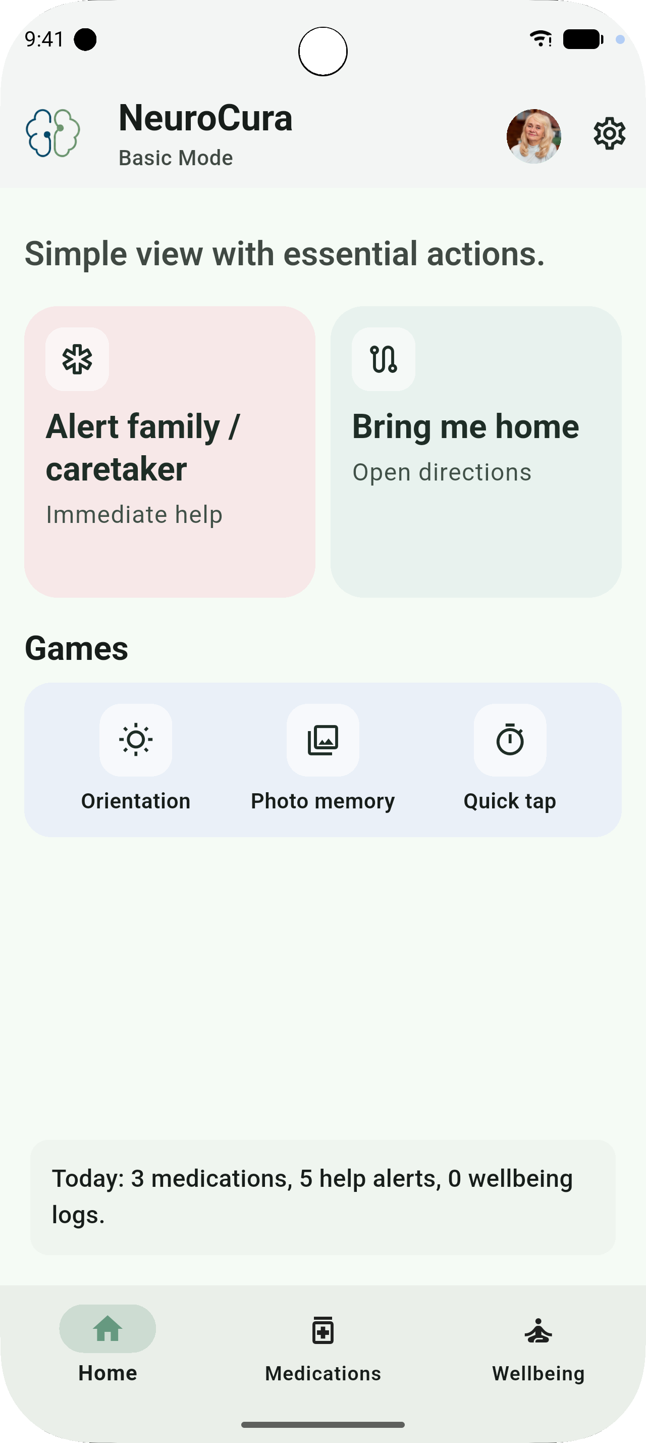 NeuroCura Easy Mode with large touch targets