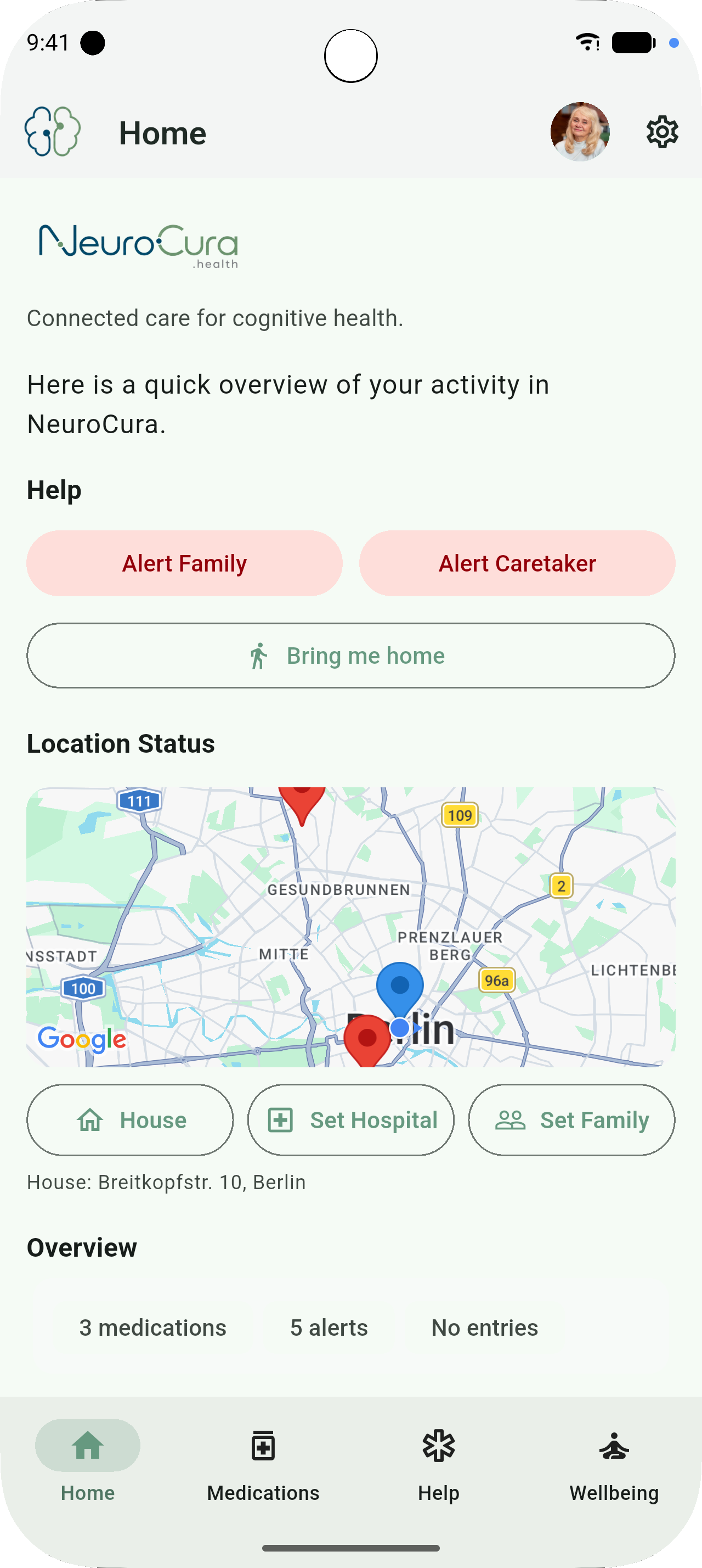 NeuroCura home with location map, help actions, and daily overview
